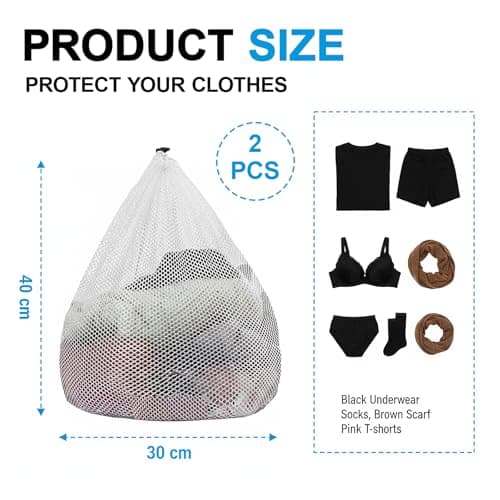 2 Pcs Reusable Mesh Laundry Bags with Drawstrings, 30 x 40cm, White — view 2
