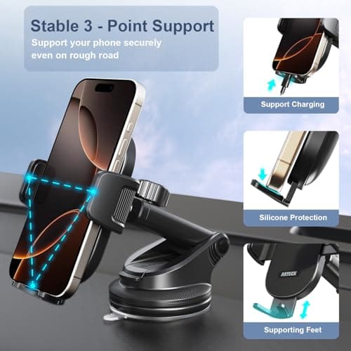 Arteck Car Mount, Universal Mobile Phone Car Mount Holder 360° Rotation for Auto Windshield and Dash, for Cell Phones Apple iPhone 16, Plus, Pro, Pro Max, 15, 14, 13, 12, 11, SE, Android Smartphone — view 3