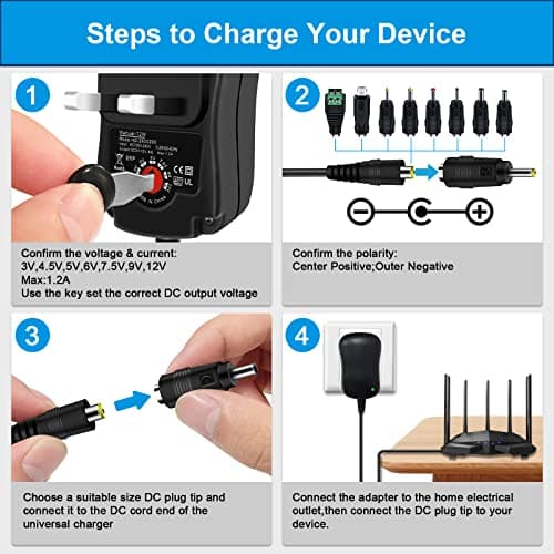 Universal Power Adapter 12W,Etopgo AC Adapters DC Power Supply Multi Voltage 3V 4.5V 5V 6V 7.5V 9V 12V 1A With 8 Tips For Electronic Devices LED Strip Lights CCTV Camera TV-Box Speakers Router Tablet — view 4