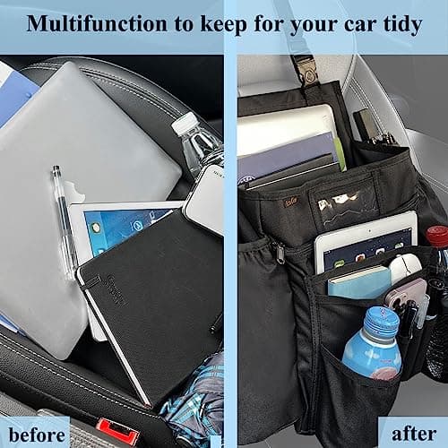 ECWKVN Car Front Seat Organiser -Car File Patrol Bag,Heavy Duty Passenger Tidy Backseat Organiser-Vehicle Storage Bag with 10 Multi Pockets for Laptops Tablet Cup Holder,Black — view 6