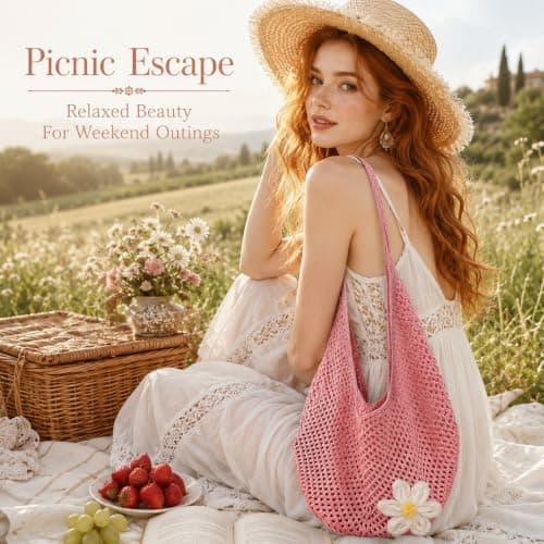 GEEKPC Woven Mesh Beach Tote - Women's Summer Holiday Shoulder Handbag with Daisy Applique, Lightweight Foldable Spacious Boho Accessory for Travel, Shopping, Beach Outings, and Daily Use (Pink) — view 2