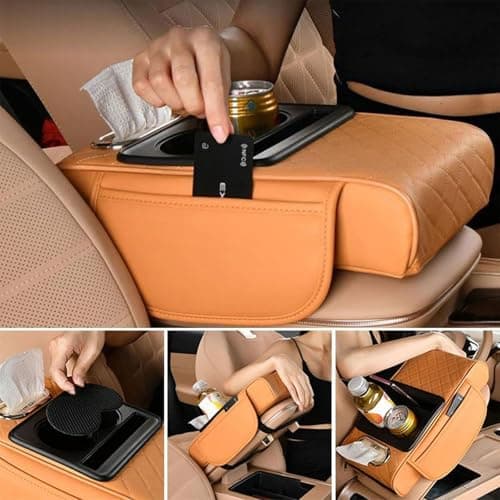 Multifunctional Car Armrest Cushion, Armrest Storage Box, Car Armrest Cover, 5-in-1 Center Console Coverwith 2 Storage Bags Cup Holder, Tissue Box Slot, Phone Slot (Beige) — view 3