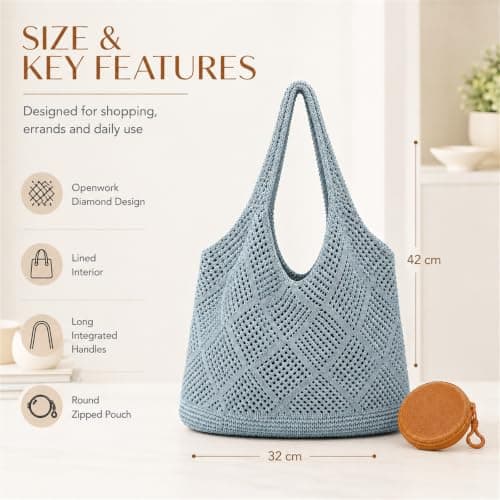 Large Beach Bag for Women, Light Blue Tote and Round Pouch, 2-Piece Set — view 5