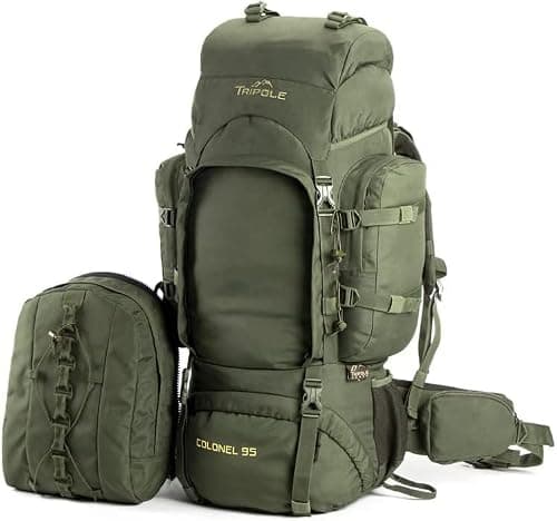 Tripole Colonel 95L Travel Backpack with Detachable 12L Daypack – Waterproof Hiking Rucksack for Women and Men for Camping & Trekking, Internal Frame, Rain Cover, Military Green — view 4