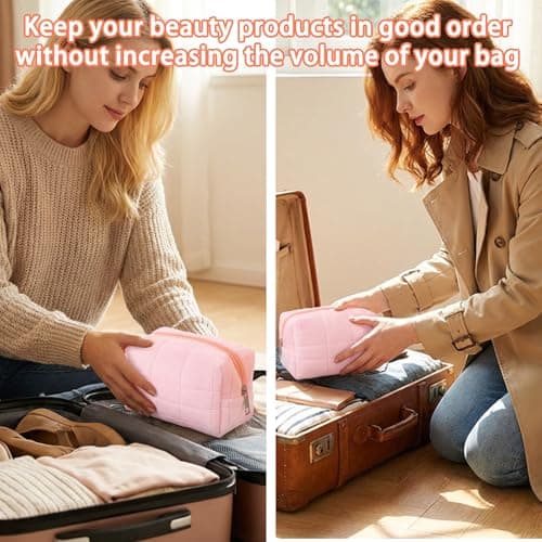 YONEEKSS Small Makeup Bag, Fluffy Travel Cosmetic Bag, Cute Zippered Toiletry Organizer Case, Daily Makeup Pouch for Women Girls (Pink) — view 6