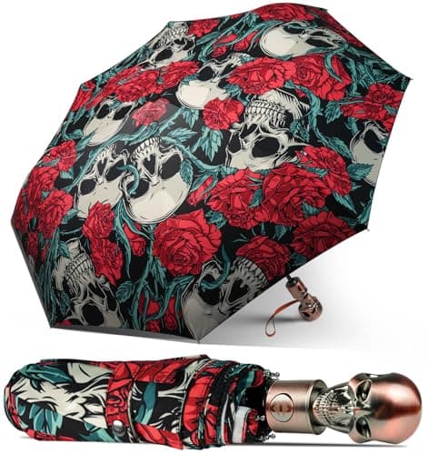 Men’s Automatic Black Skull Umbrella – Luxury Compact Travel, Windproof Strong Lightweight, Adult Rain Umbrella