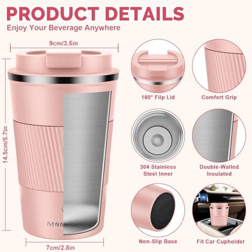 MOMSIV Coffee Cup, Insulated Coffee Cup with Leakproof Lid, Non-Slip Vacuum Reusable Stainless Steel Eco-Friendly Travel Office Mug for Hot and Cold Water Coffee and Tea, 380ml/13oz(Pink) — view 2