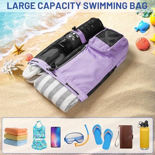 CHEPULA Swim Bag Mesh Drawstring Backpack with Wet Pocket, Waterproof Gym Bags for Beach Swimming Pool Gym Workout Men Women (Purple) — view 5