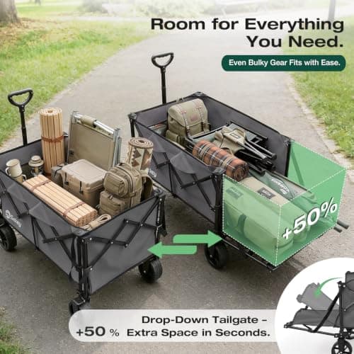 Sekey Festival Trolley with Expandable Tailgate - 350-500L, 440LB Heavy Duty Folding Camping Wagon, Brake, All-Terrain Wheels, Patented 4-Way Folding & One-Click Adjustable Handle, Beach Cart - Grey — view 3