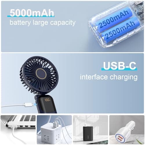 Handheld Fan Rechargeable, Portable Mini Fan Handheld with 5 Speeds 5000mah, Electric USB Small Hand Held Fans, Powerful Personal Fan Foldable Fans for Outdoor Office Travel Camping School Home — view 3