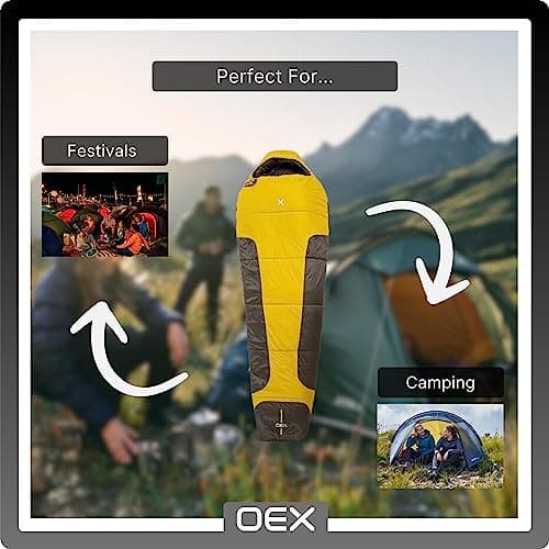 OEX Fathom EV 300 Sleeping Bag for Adults, Teens, Kids, 1 Person, 3 Season, Lightweight, Mummy, Warm, Indoor & Outdoor Use, Camping, Hiking, Backpacking, Travelling, Compression Bag, Yellow — view 5