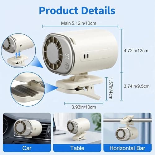 BRTNUP Car Clip on Air Conditioner Fan, Portable Clip on Fan with LED Display, 199 Speeds 360° Rotation Rechargeable Personal Cooling Fan for Car Office Home Desk Pram Travel (White) — view 2