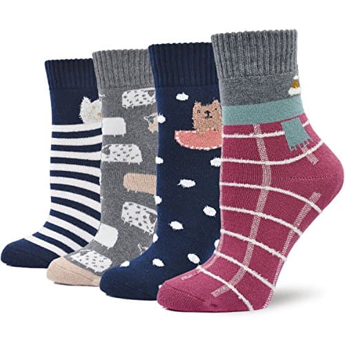 Ladies Womens Thick Winter Thermal Socks Cotton Crew Novelty Socks Casual Cartoon Socks, UK women s shoe 3-10, Dark Colour - 4 Pairs