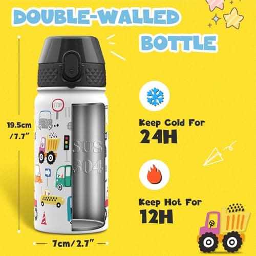 OLDLEY 420ml/14oz Kids Stainless Steel Water Bottle with Straw for School Insulated Metal Water Bottles Leakproof Reusable Double Wall Vacuum Small Flask Keep Drinks Hot Cold for Boys Girls (Car) — view 4