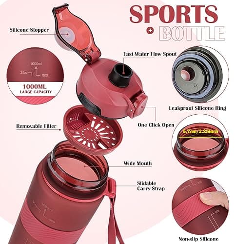 CodiCile Water Bottle, BPA Free 1l Water Bottle Leak Proof Drinks Bottle, Large Sports Bottle Great for Gym, School, Office and Travel (Red) — view 3