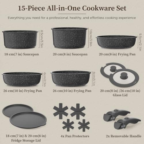 YASHE 15Pcs Nonstick Pots and Pans Set with Removable Handle, Oven Safe — view 2