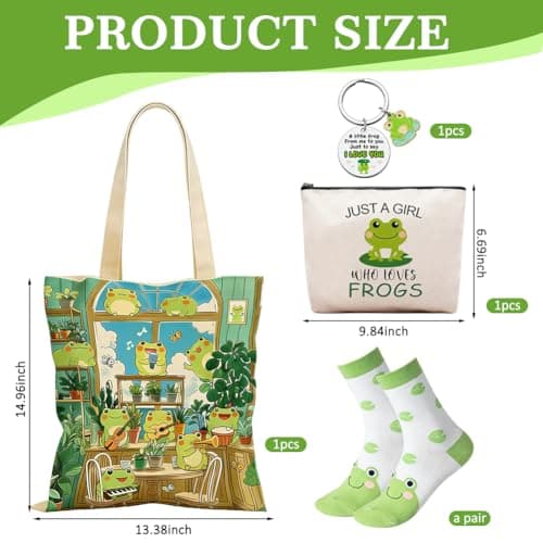 CYGMRFH 4Pcs Frog Lover Gifts for Women – Canvas Tote Bag, Makeup Pouch & Keychain, Just a Girl Who Loves Frog Sock, Reusable Shopping Shoulder Bag Set for Women Work Travel Birthday Gift — view 3