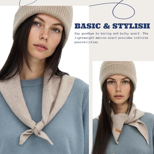 ACUSHLA 100% Merino Wool Triangle Scarf Women Neckerchie, Light Beige — view 2