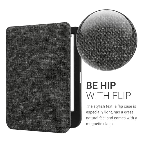 kwmobile Case Compatible with Kobo Clara BW/Colour - Book Style Fabric e-Reader Cover Flip Folio Case - Dark Grey — view 2