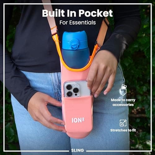 Ion8 Sling Bag – Foldable, Lightweight Water Bottle Holder & Carrier with Pocket, Adjustable Strap & Hook – Machine Washable, Fits 1L Bottle – Travel-Friendly & Easy to Clean Hydration Pouch, Coral — view 6