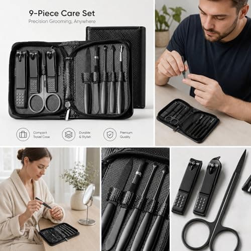 9PCS Mens Nail Grooming Kit, Heavy Duty Stainless Steel Manicure Set with Fingernail & Toenail Clippers, Scissors, Tweezers, Nail File & Cuticle Tools, Compact Leather Case for Travel — view 6