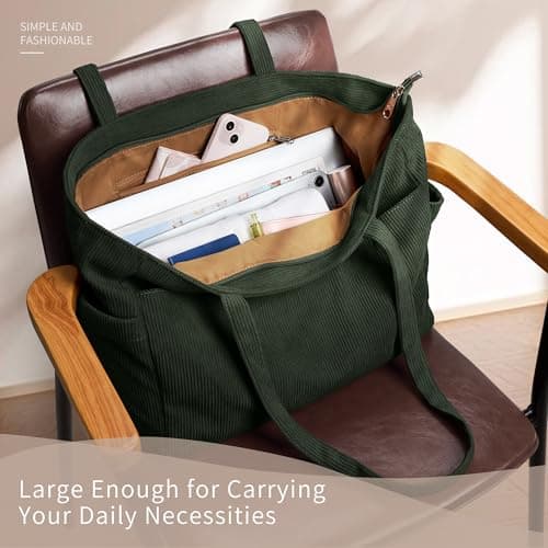 KALIDI FANCY FOREST Women's Green Corduroy Tote Bag With Zip, Medium (35x30x14cm), 15-Inch Laptop & A4 Folders, 4 Pockets, Waterproof, Solid Color, DXRB62 — view 5