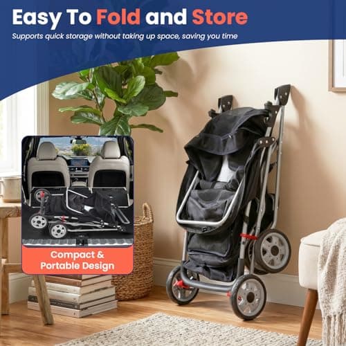 BestPet 4-Wheel Pet Stroller Dog and Cat Stroller Breathable Mesh Lightweight Travel Carrier Waterproof & Foldable Design Storage Basket for Daily Walks & Outdoor Use，Black — view 3