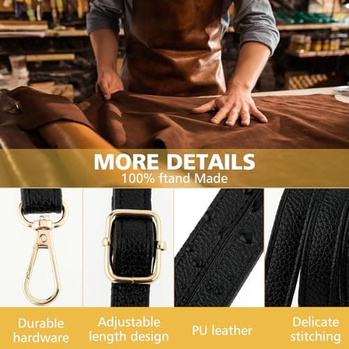 Telooco Leather Shoulder Strap Replacement 85-150cm Adjustable Leather Belt for Purse Crossbody Handbags(Black Strap, Gold Buckle) — view 3