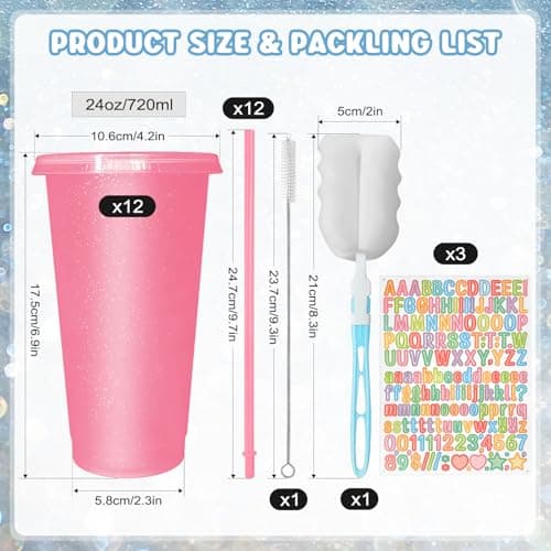 HJLIKE 12 Pack 710ml Reusable Plastic Cups with Lid Straws Letter Stickers and Cleaning Brushes, Glitter Water Cold Coffee Tumber for Birthday Hen Do Party Travel Beverages Drinking (Glitter Pink) — view 3
