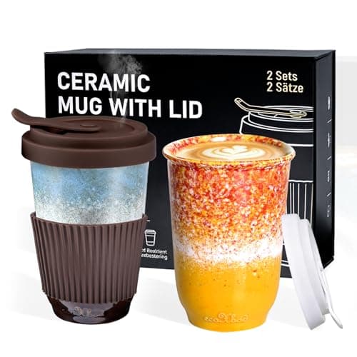 ganfaner 390ml Travel Coffee Mug with Lids, 2 PCS Ceramic Coffee Cups Heat Resist w/Sleeve, Attractive Coffee Mugs for Hot Cold Fit Car Holder, Microwave Dishwasher Safe for Office Home (Orange Blue)