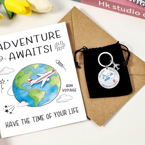 Luvart Adventure Awaits Good Luck Card - Bon Voyage Travel Greeting Card with Keychain Safe Travels Farewell Gifts Good Luck on Your New Adventure Gifts for Friends New Job Moving Away Gap Year — view 4