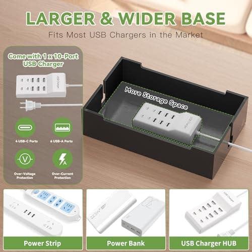Pezin & Hulin Bamboo Charging Station for Multiple Devices, USB Charger Dock Organizer, with Power Supply (10 Ports HUB), 6 Cables, Cable Management Organizer for Cell Phones, Tablets -Black — view 4