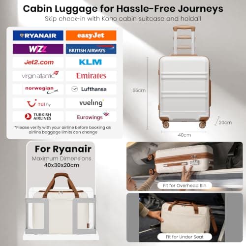 Kono 2 PCS Luggage Set 55x40x20cm Suitcase & 40x30x20cm Ryanair Cabin Bag — view 2