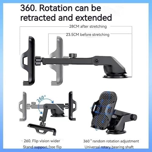 Zanbeel Car Phone Holder Dual Mount for Dashboard, Windscreen Air Vent 360° Rotation, Full Protection, One-Hand Operation, Long arm one button Release — view 3