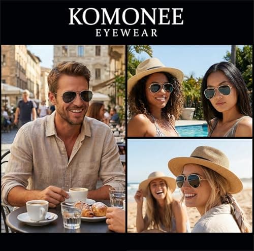 Komonee Pilot Style Designer Sunglasses - Gold Frame Black Lens Classic Retro Shades, Unisex Men & Women UV400 Protection Glasses, Great for Cycling Golf Fishing Sports & Holidays — view 4