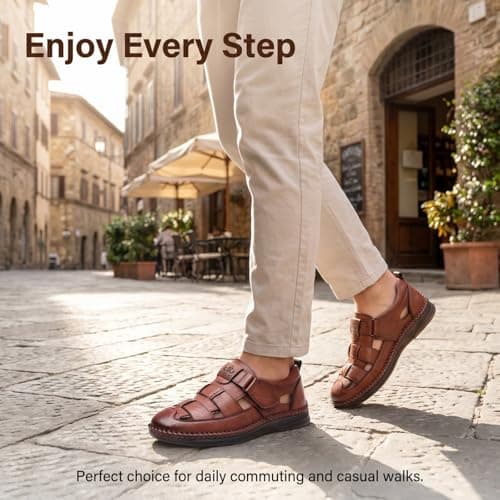 Hixingo Men's Sandals Closed Toe Wide Fit Size 7-12 Leather Sandals for Men Summer Beach Slippers Lightweight Adjustable Strap Non-Slip Sole for Walking Holiday Pool (Brown,10.5) — view 2