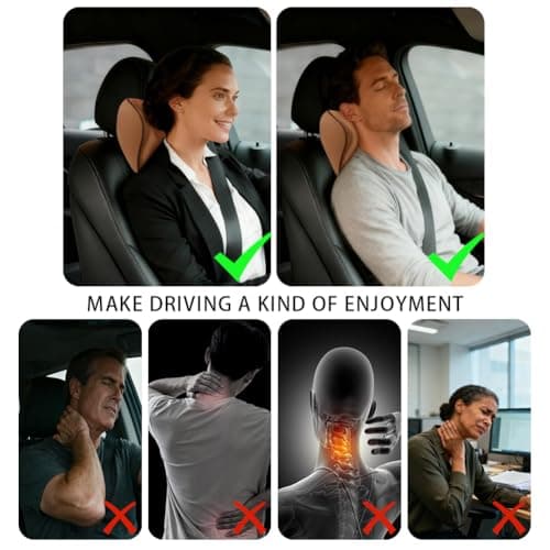 Alaoo Car Neck Support Pillow, Car Seat Headrest for Relieving Neck Fatigue with Adjustable Strap, Soft Memory Foam and Breathable Removable Cover for Passenger or Driver, Brown with Black Trim — view 4