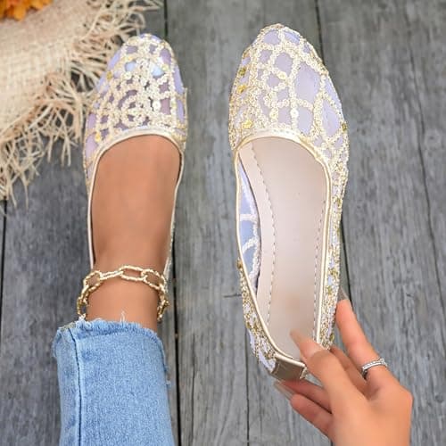 Mesh Ballet Flats for Women Pumps Orthopedic Sequins Dolly Shoes Wide Fit Round-Toe Non-Slip Breathable Summer Ladies Shoes Walking Office Holiday (Gold 7.5 UK/Foot Length 26.5cm) — view 5