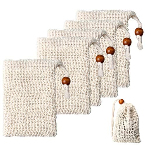 5 Pack Sisal Soap Bags With Drawstring, Exfoliating Soap Saver Pouches