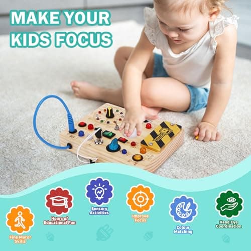 Montessori Busy Board for toddlers for 1 year old Activity Board Wooden Toy With 10 Switches and 23 LED Lights Sensory Board Motor Skills Toy for Babies and Children from 2 3 4 years Boys and Girls — view 5