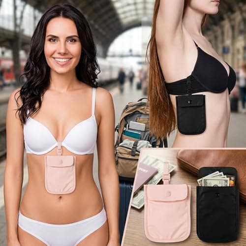 Lotsdonxia 2 Pcs Travel Bra Wallets, Hidden Stash Pockets with Adjustable Straps, Secret Money Pouches for Secure Card and Valuables Storage, Black and Pink Nylon Design — view 5
