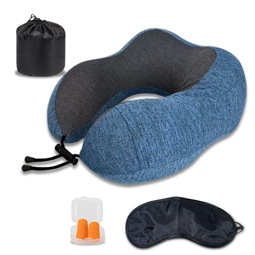 VELVETIO Memory Foam Adult Curved Travel Neck Pillow, Head Support Neck Pillow for Airplane, Soft Removeable Cover Pillow with Eye Mask, Ear Plugs & Carry Bag, Navy/Black