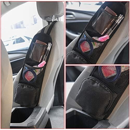 URAQT Car Organisers, 2 Pcs Car Seat Side Storage Bag with 3 Pockets, Front Seat Mesh Hanging Bag for Auto Small Items, Durable Drink Holder Storage Pockets Fit for All Vehicles — view 5
