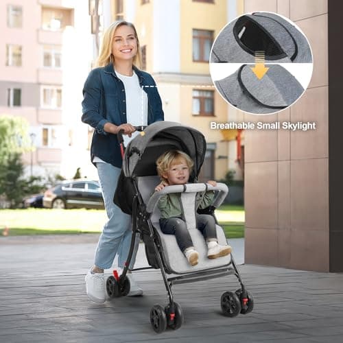 Lightweight Travel Stroller, One-Hand Fold Pushchair with Adjustable Recline & Sun Canopy, Compact Umbrella Stroller for Newborn to Toddler Up to 10kg,Ideal for Air Travel, Shopping & Daily Use Grey L — view 3