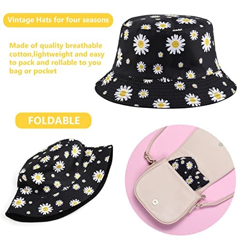 Sibba Summer Bucket Hat Packable Sailor Fisherman Caps for Fishing Golf Camping Travel Large Head Wide Brim Sun Protection Headwear Valentines Day for Men Women Teens Girls (Flower) Black — view 6