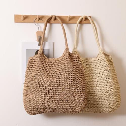 Beach Bags for Women Summer Travel Tote Shoulder Bag Straw Knitted Fashion Handbags (Red) — view 2