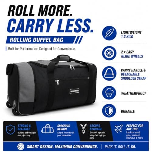 Large Holdall with Wheels, 82L Wheeled Duffle Bag, Black Rolling Travel Bag, Soft Luggage with Zipped Pockets for Holidays, Weekend Trips, Sports, Gym & Overnight Travel — view 6
