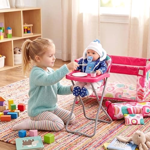 BiBi Doll Travel High Chair & Cot Bed Set with Carry Bag, Feeding Tray & Bedding - Folding Nursery Furniture for Dolls up to 20" - Pink Patterned Baby Doll Accessories for Girls & Boys Aged 3+ — view 2