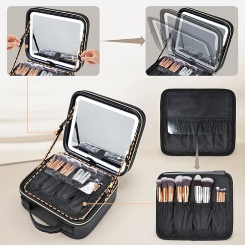 Travel Makeup Bag with Mirror Makeup Case Make Up Organiser Box with Adjustable Compartment Vanity Case Portable Cosmetic Bag Brightness in 3 Color Modes LED Light Mirror, Black — view 4