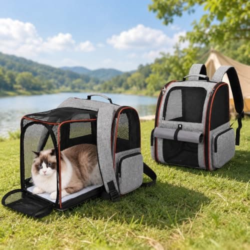 Expandable cat backpack, breathable mesh pet backpack, suitable for small dogs and medium-sized cats, large-capacity foldable pet travel bag, maximum weight capacity 25 lbs, gray. — view 2